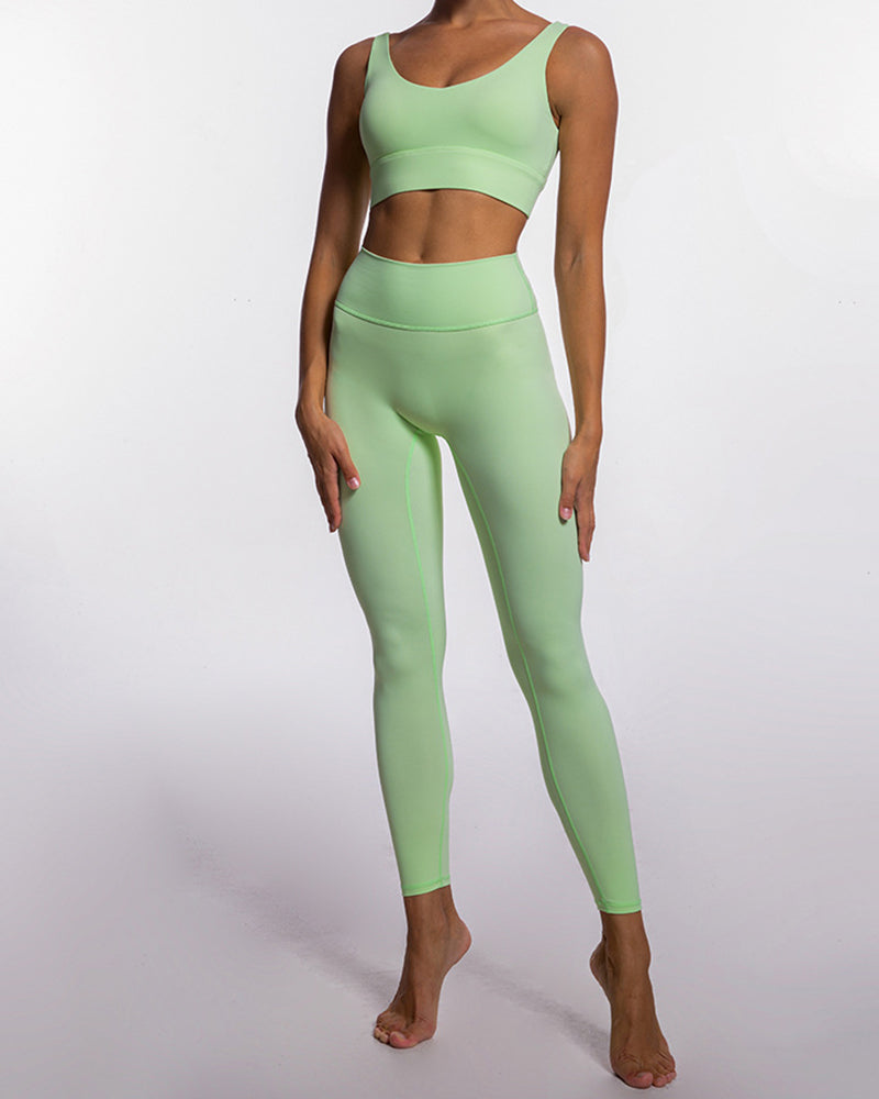 Hot Sale Solid Color Back Criss Cross High Waist Running Training Wear Yoga Two-piece Sets S-L Pants Sets