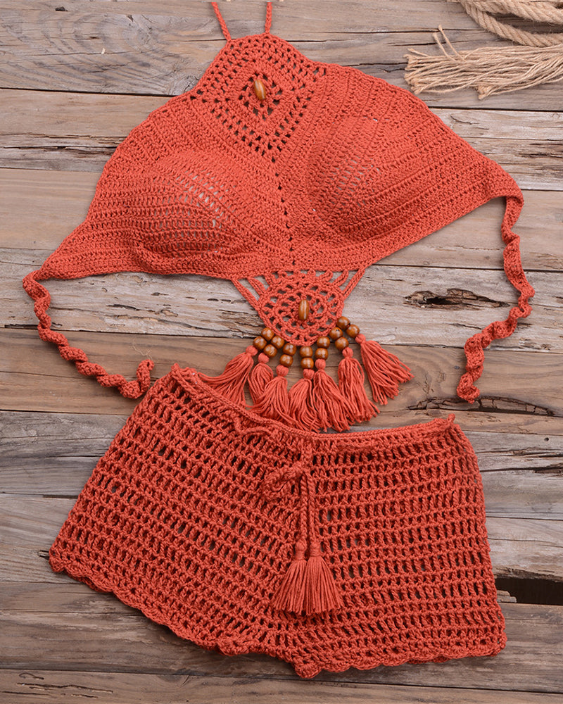 Crochet Bikini Set Push Up Swimwear Halter Bandage Swimsuit High Neck Bikini With Tassel Women Swim Bathing Suit Beachwear OM25959