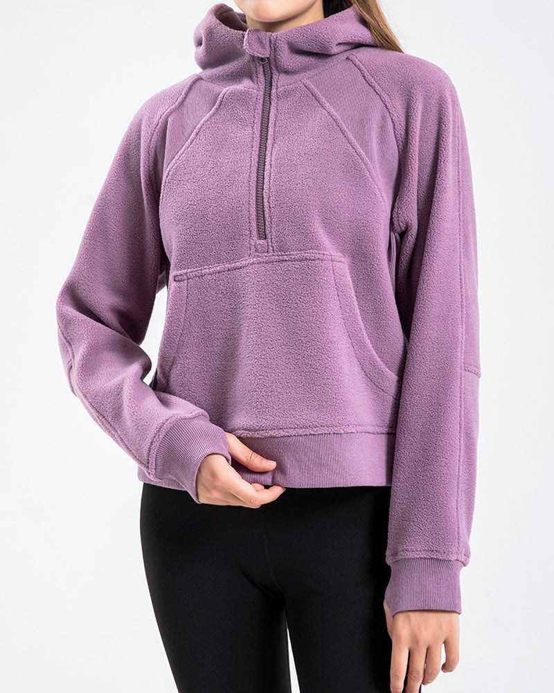 Winter Long Sleeve Sports Running Zipper Hoodies Pocket Yoga Tops Purple Black Blue S-2XL