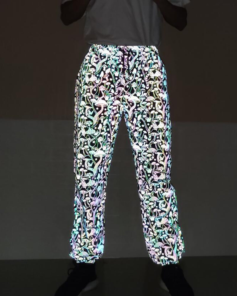 Ladies Fashion Cartoon Mushroom Print Color Reflective Pants Men&