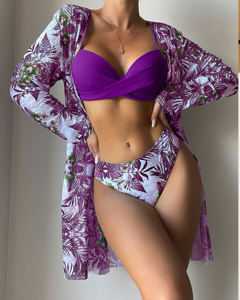 3PCS Tropical Floral Print Crisscross Bikini Set With Cover Up Dress