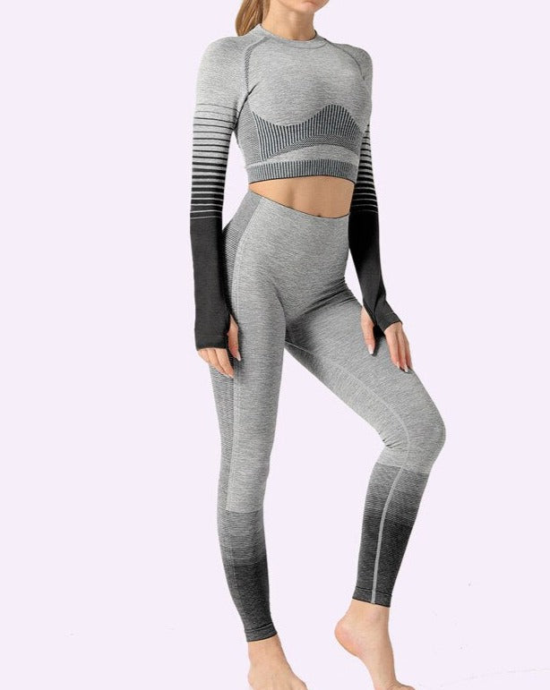 2 Piece Seamless Women Yoga Set Long Sleeve Top High Waist Pants Belly Control Sport Leggings Workout Gym Clothes Seamless Sport Suit OM9253