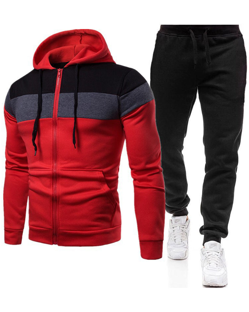Autumn Winter Colorblock Hoodies Zipper Coat Loose Pants Long Sleeve Two-piece Sets Blue Yellow Black Red Gray S-3XL
