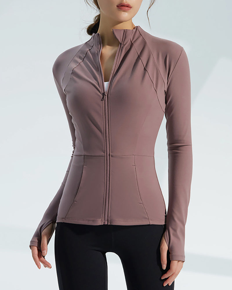 Autumn Slim Fit Collar Workout Sport Long Sleeve Women Zipper Nylon Fitness Jacket With Thumb Holes Quick drying Sport Yoga Tops Coat