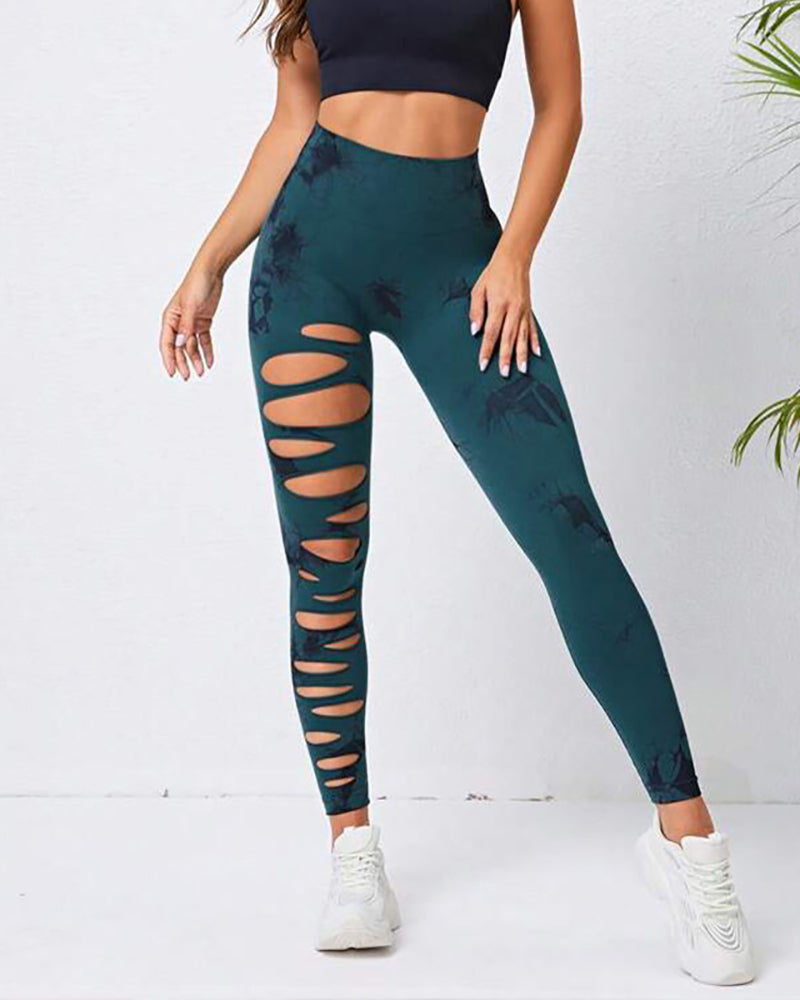 Women Hollow Out Tie Dye Sports Pants Yoga Leggings S-L