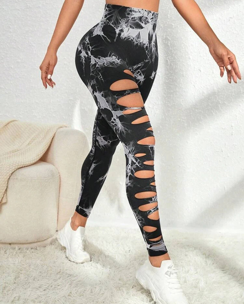 Women Hollow Out Tie Dye Sports Pants Yoga Leggings S-L