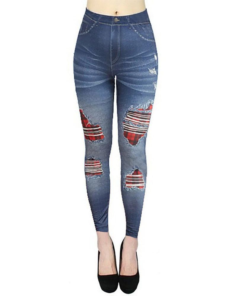 Wholesale Printed Fake Jean High Waist Sports Leggings Pants S-2XL