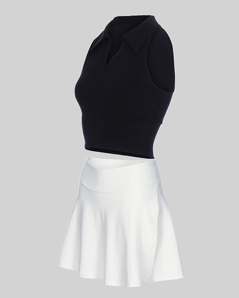 Polo Neck Tennis Vest High Waist Skirts Tennis Sets S-L