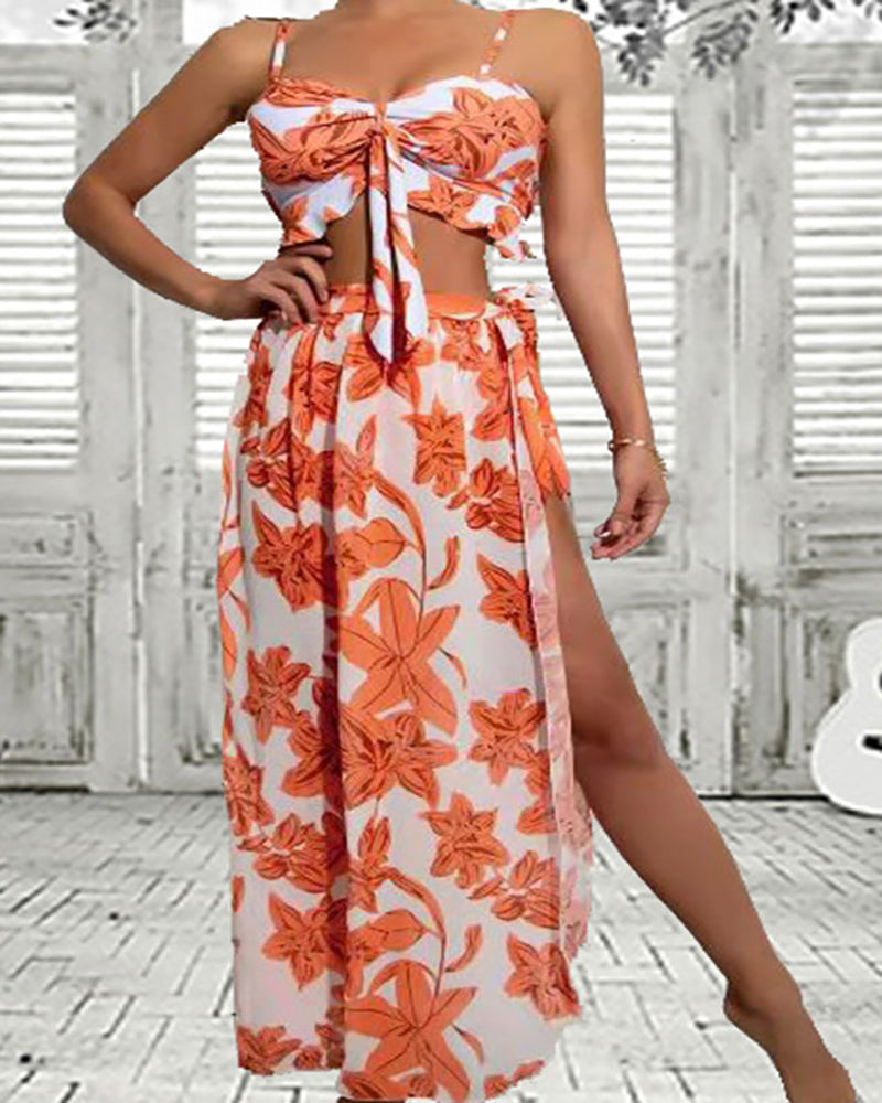 Lady Printing Sexy Beach Three Piece Swimwear Pink Orange Blue S-XL