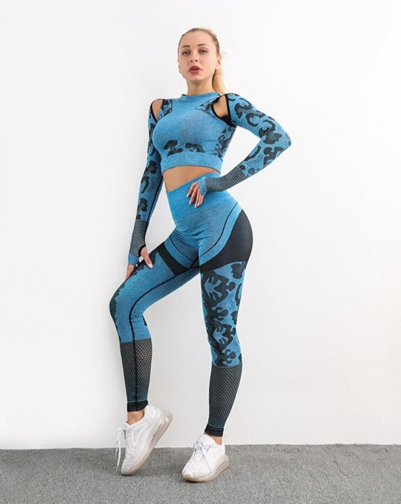 Autumn Seamless Camo Print Sports Yoga Set Sheer Mesh Patchwork Gym Pants Fitness Long Sleeve Leggings Tracksuit Training Clothing OM9316