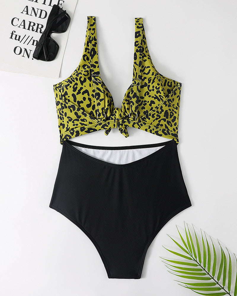 Women Leopard Black V-neck High Cut High Waist Hollow Out One-piece Swimsuit Beige Pink Yellow S-XL