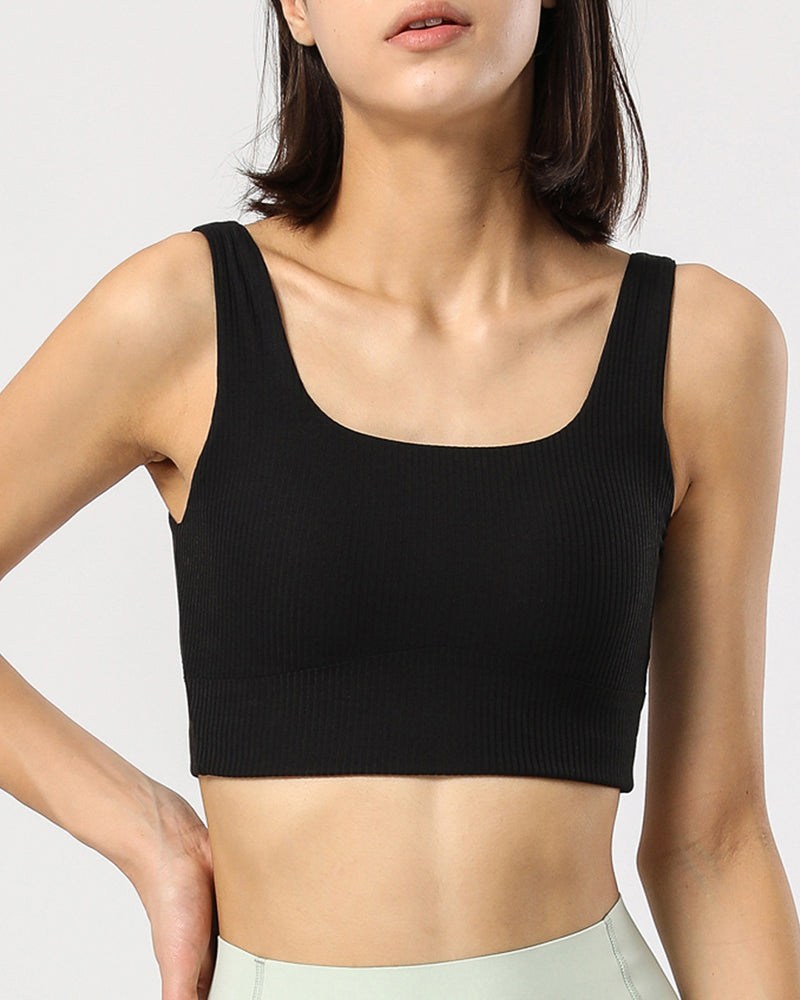 New Women Wide Shoulder Fixed Cup Ribbing Yoga Tops Sports Bra Gray Brown Pink Green Black S-2XL