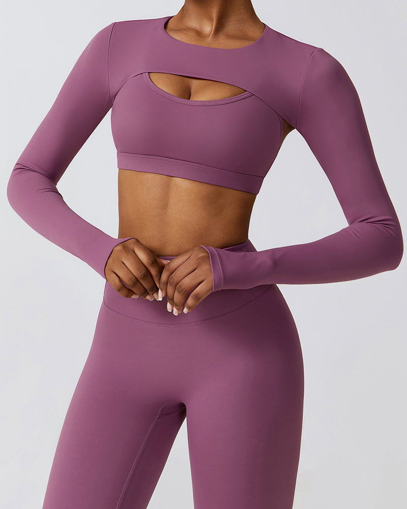 Woman Long Sleeve Solid Color Bra Cover Pants Sets Yoga Three-piece Sets Black Gray Green Blue Purple S-XL