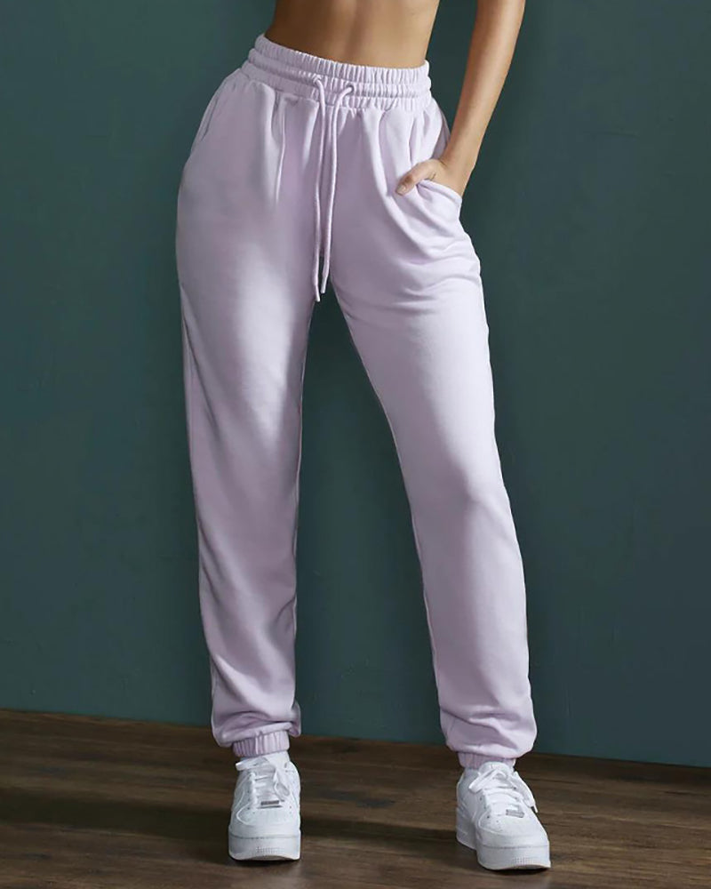 Women Solid Color High Waist Casual Sports Bottom Wide Jogger S-L