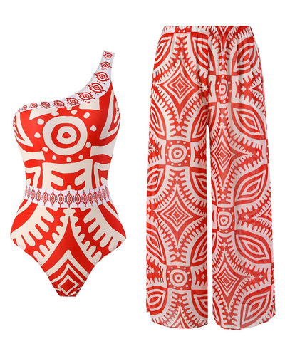 Sexy One Shoulder Fashion Printed Vocation Beach Pants Two-piece Swimsuit Red S-XL