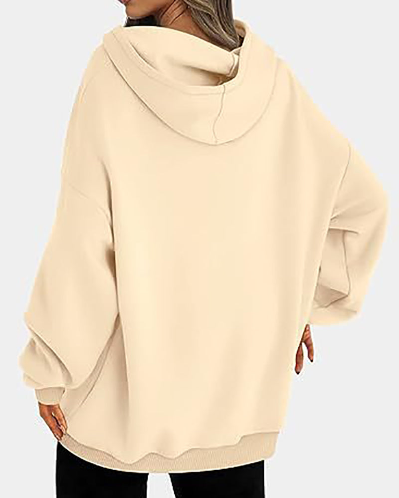 Women Long Sleeve Solid Color Hooded Loose Pullover Tops S-XL