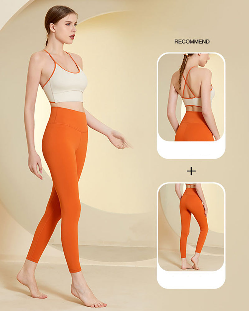 Women Colorblock Back Criss Lycra Yoga Two-piece Sets S-L