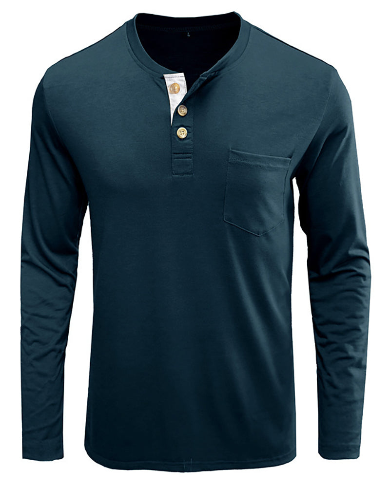 Mens Long Sleeve Button Neck Pocket Solid Color Basic Autumn T-shirt S-2XL