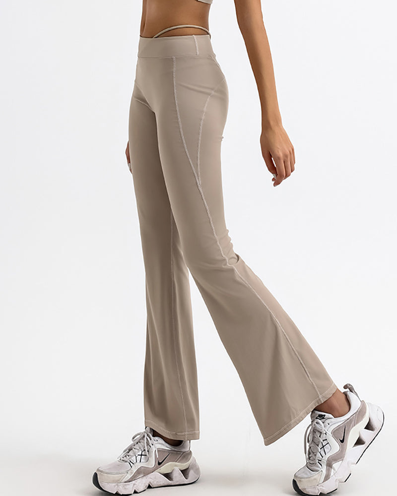 Women Sports Strap High Waist Wide Leg Pants Orange Black Khaki S-L