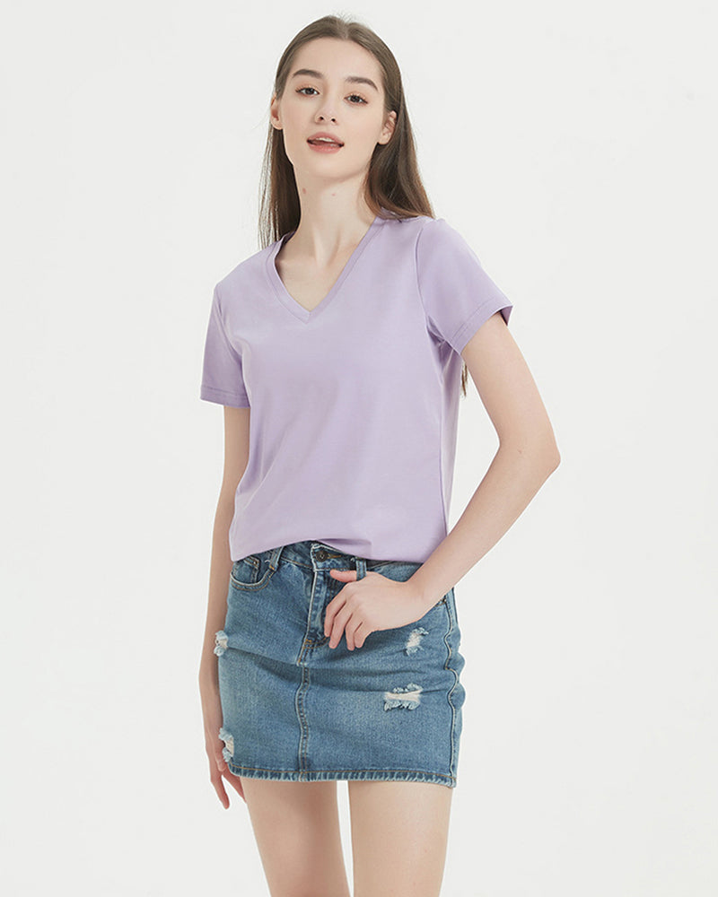 Women V-Neck 170g Cotton Summer Solid Color Basic T-shirt S-3XL