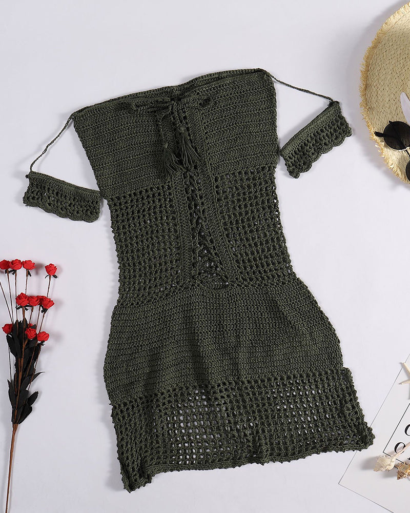 Women Fashion Bandage Hollow-Out Dress Crochet Bikini Cover-Up Boho One Piece Swimwear Sexy Swimsuit OM25984