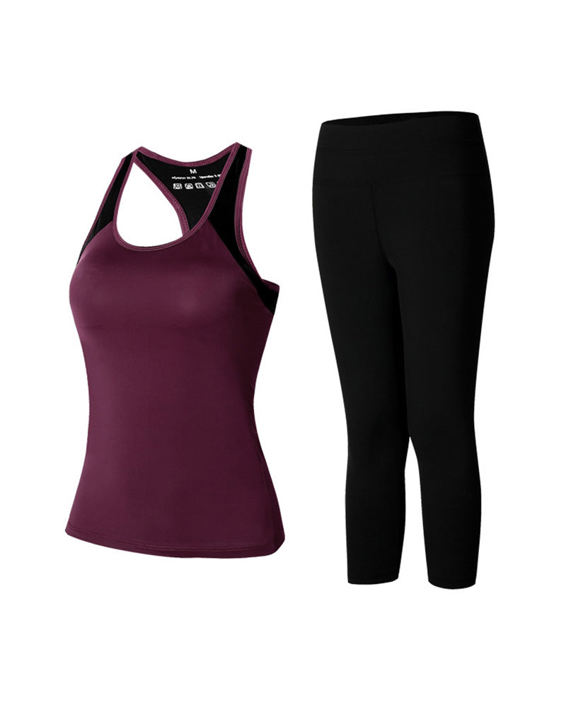 Women Sleeveless Vest Slim Leggings Sports Running Yoga Two-piece Sets Rosy Wine Red Green Yellow M-2XL