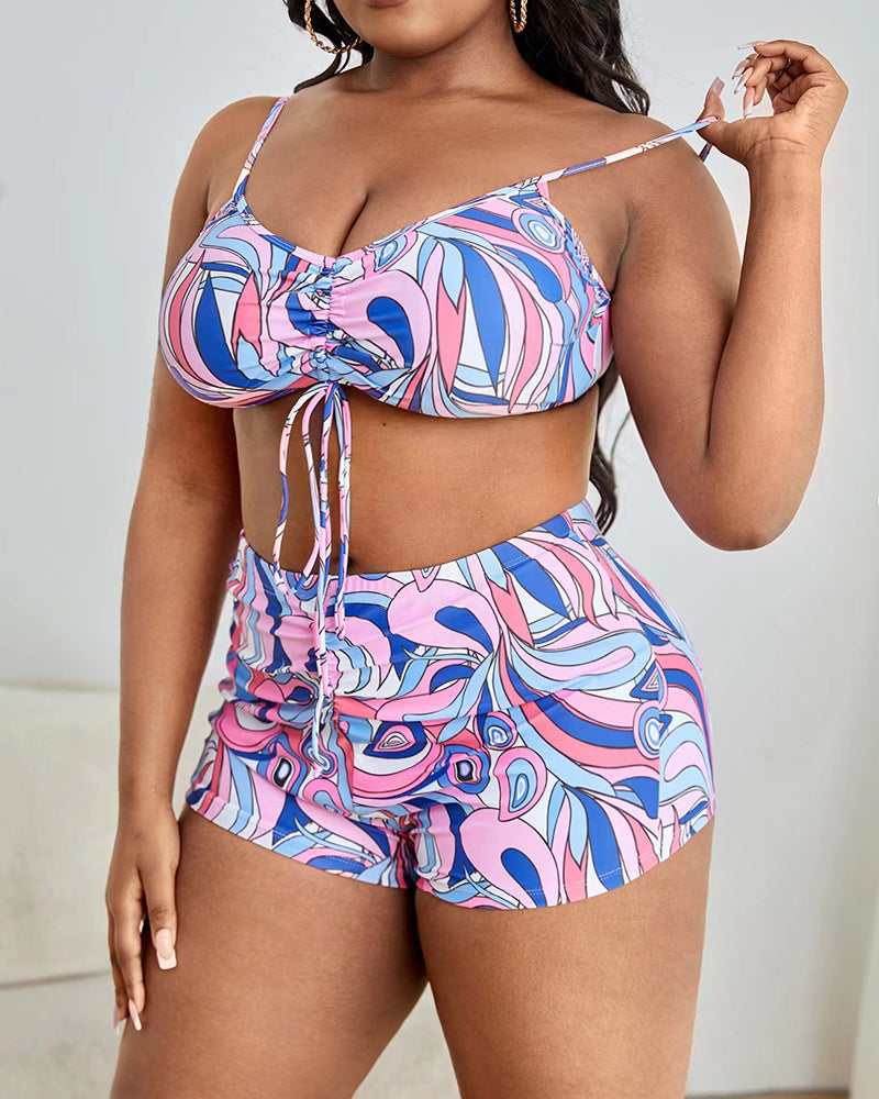 Long Sleeve Boho Printed Fashion Three Pieces Plus Size Swimsuit Purple Rose L-4XL