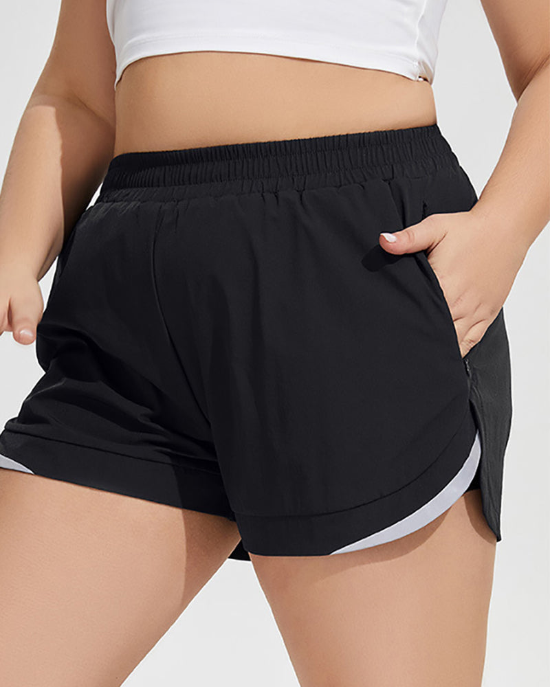 Breathable Lined Side Pocket Reflective Plus Size Yoga Shorts Khaki Navy Blue Black XL-4XL