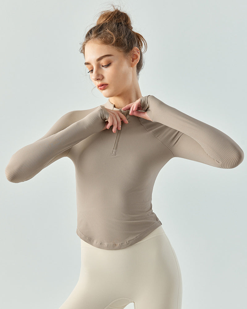 Women Slim Solid Color Long Sleeve Half Zipper Knit Yoga Tops Blue Ivory Khaki Black S-XL