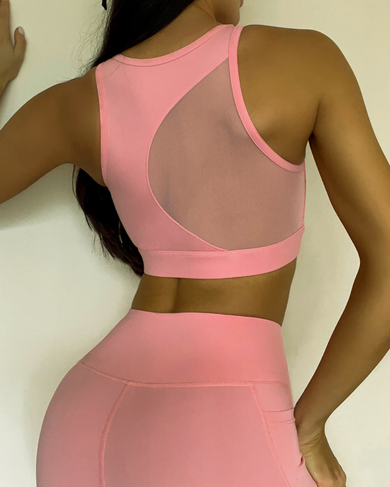 Women Mesh Bra Mesh Pocket Solid Color Sports Wear Yoga Two-piece Suits Green Pink Blue White S-L