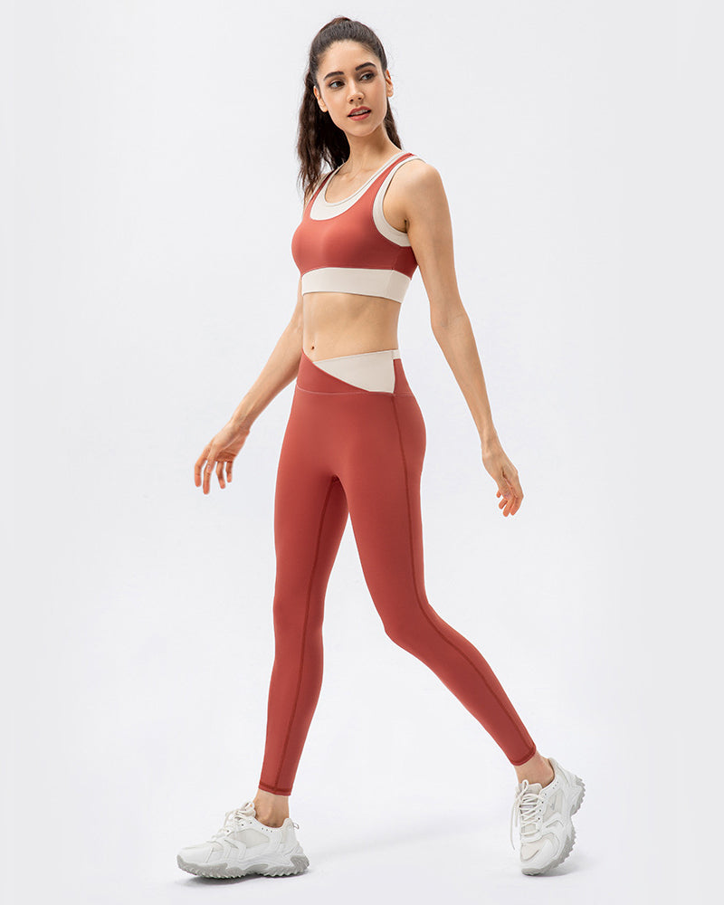 Women High Protect Colorblock High Waist Slim Leggings Sets Yoga Two Pieces Set Green Blue Red S-2XL Pants sets