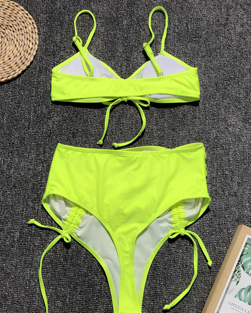 Solid Color High Waist Strappy Women Two-piece Swimsuit Beige Green Orange Black S-L