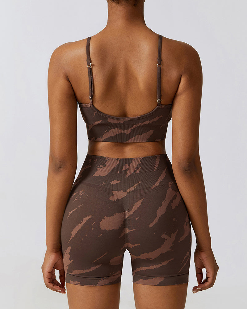 Camo Printing Seamless Yoga Quick Dry High Waist Shorts Sets Running Fitness Yoga Two-piece Sets S-L