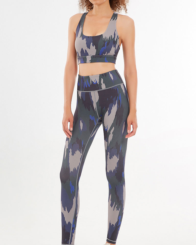 Women Sleeveless Printed V-neck Fitness Yoga Two-piece Suits Pink Blue Green Purple XS-XL Pants Sets