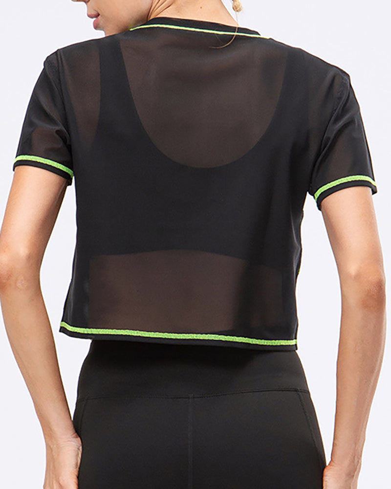 Women Loose Mesh Short Sleeve Stripe Sports Top Quick Dry Top Yoga T-Shirts Black Green Orange S-XL