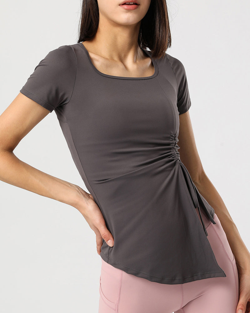 New Women Short Sleeve Square Neck Side Drawstring T-shirts Beige Gray Khaki Blue Orange S-XL