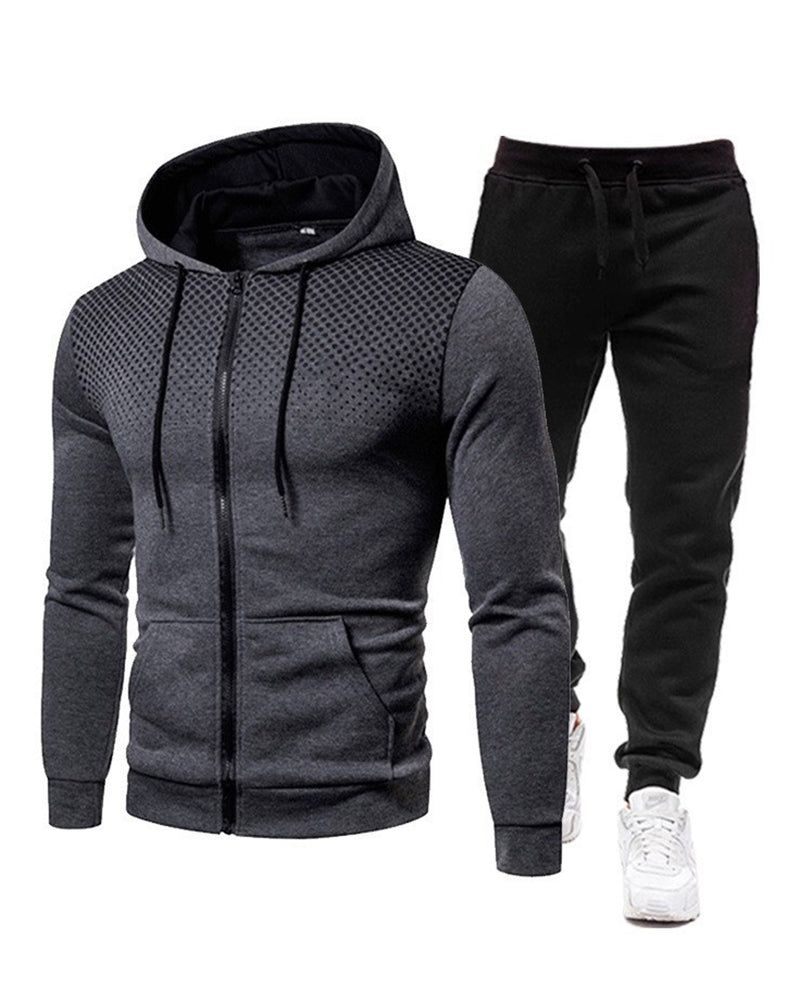 Men Long Sleeve Printing Casual Hooded Street Style Two Piece Set White Red Gray Black Blue S-3XL