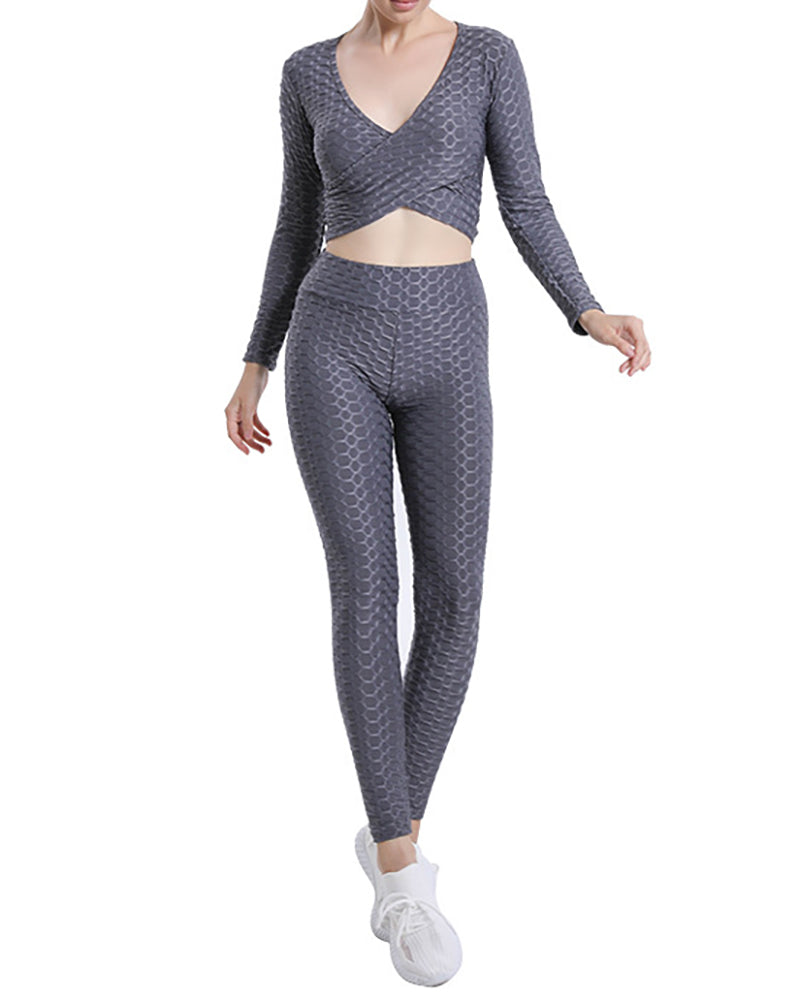 Jacquard Bubble Sexy Cross Long Sleeve Top High Waist Fitness Pants Yoga Suit Set Solid Color S-XXL Pants Sets