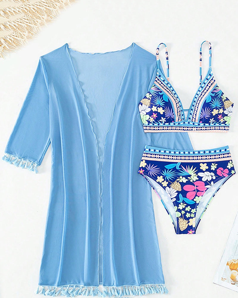 Women Sexy Floral V Neck High Waist Bikini Mesh Cover Three-piece Swimsuit Blue S-XL