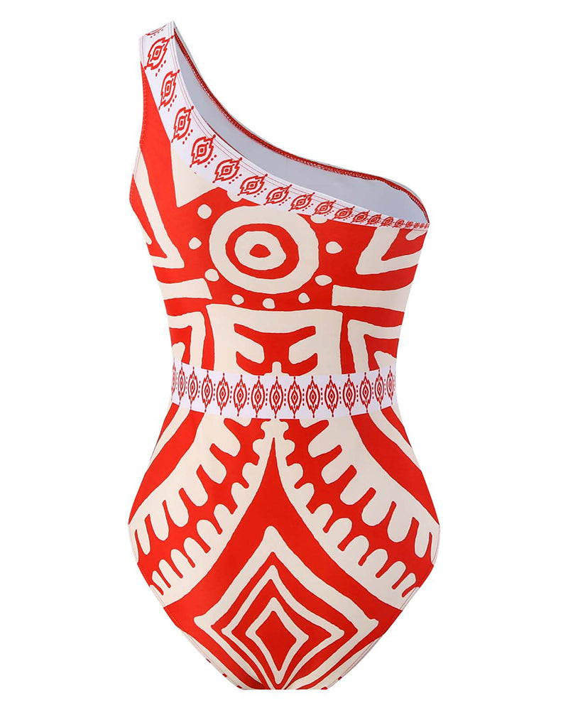 Sexy One Shoulder Fashion Printed Vocation Beach Pants Two-piece Swimsuit Red S-XL