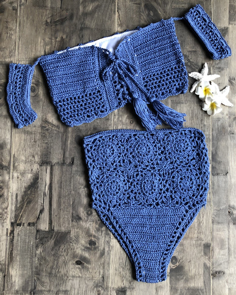 Crochet High Leg Bandeau Bikini Set Swimwear Female Two Pieces Swimsuit High Waist Bikini Women Bathing Suit Biquini 2019 New OM25940