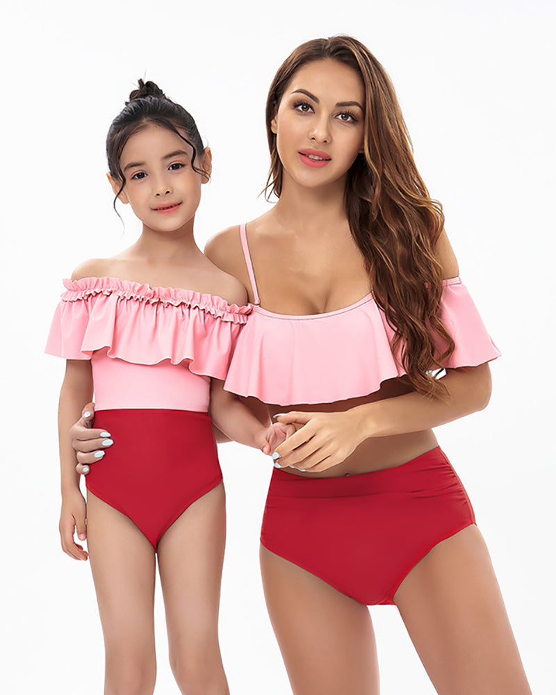 Fashion New High Waist Lotus Lace Strapless Color Block Stitching Mother and Daughter Bikini Swimming Adult S-Adult XL Child 104-Child 164