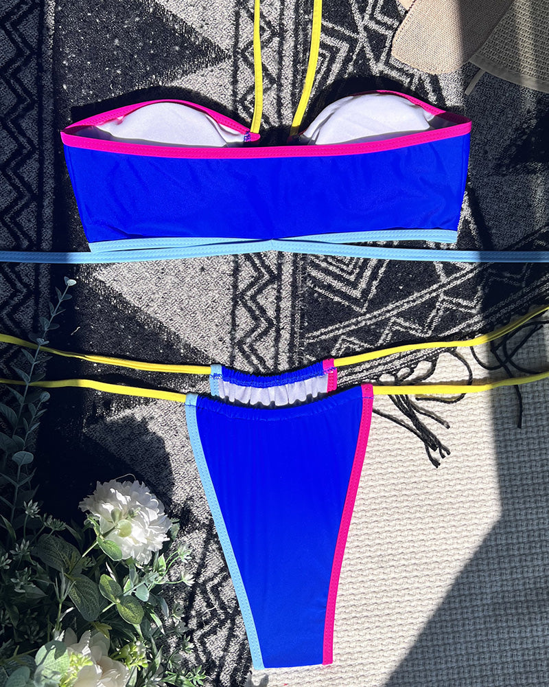 Sexy Women Strappy Halter Neck Backless Colorblock Tie Side String Two-piece Swimsuit Bikini White Black Royal Blue Red S-L