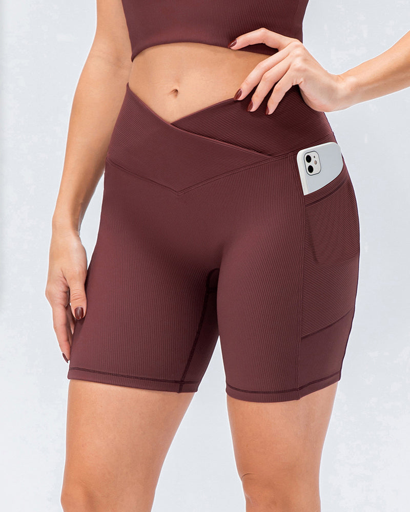 Women Wrap V Waist Sports Shorts with Side Pocket XS-2XL