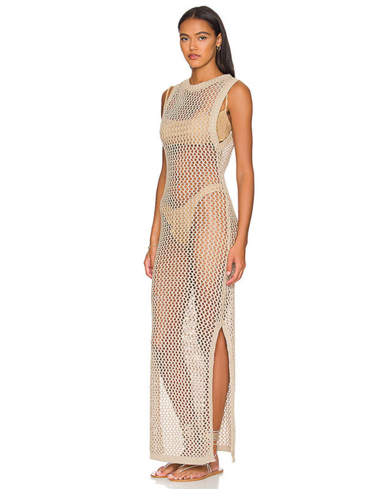 Women Sleeveless Mesh Maxi Sexy Bikini Crochet Stitches Dress White Apricot Black One Size