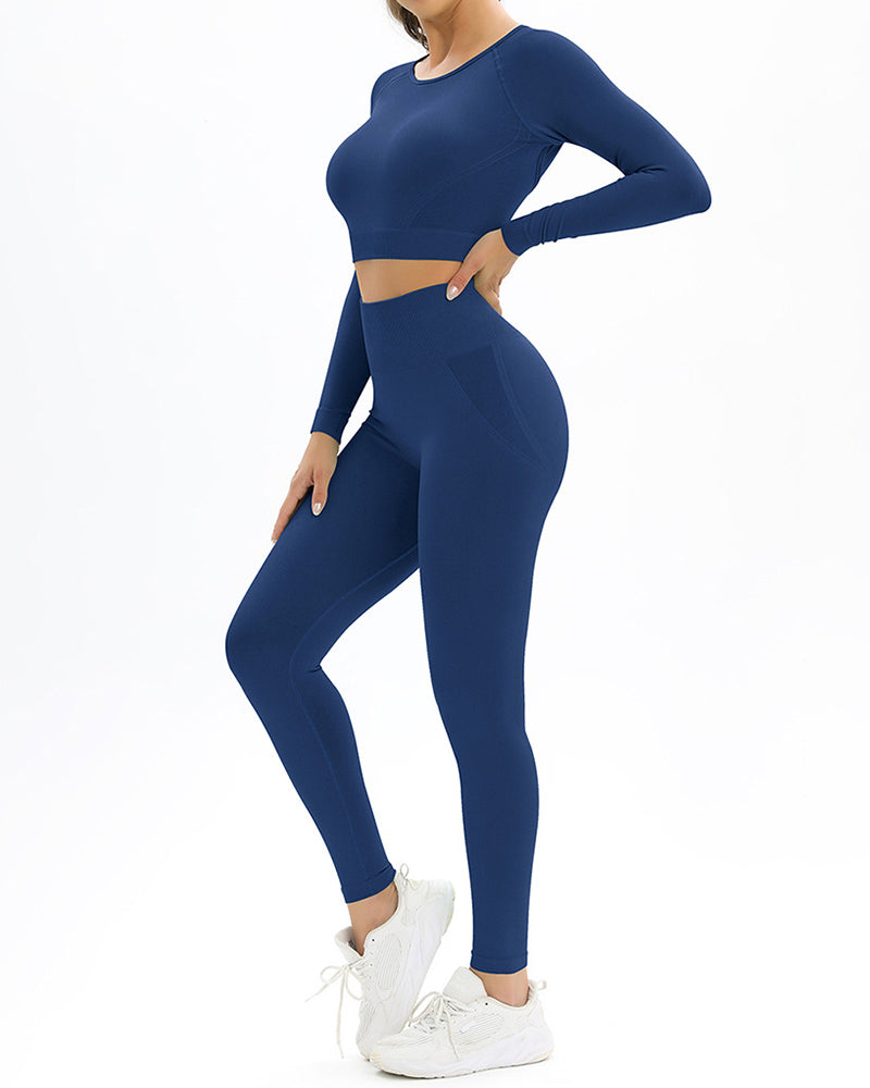 Long Sleeve Solid Color Backless Yoga Two-piece Set S-L Pants Sets