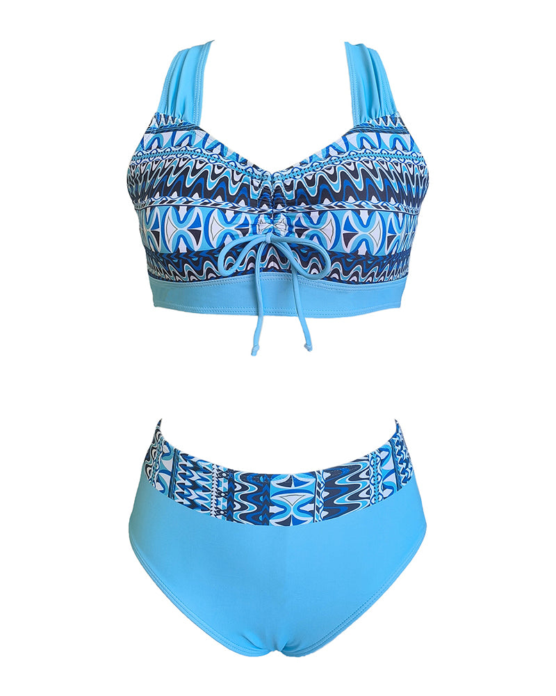 Women Printed V Neck High Waist Sexy Bikini Two-piece Swimsuit Blue S-2XL