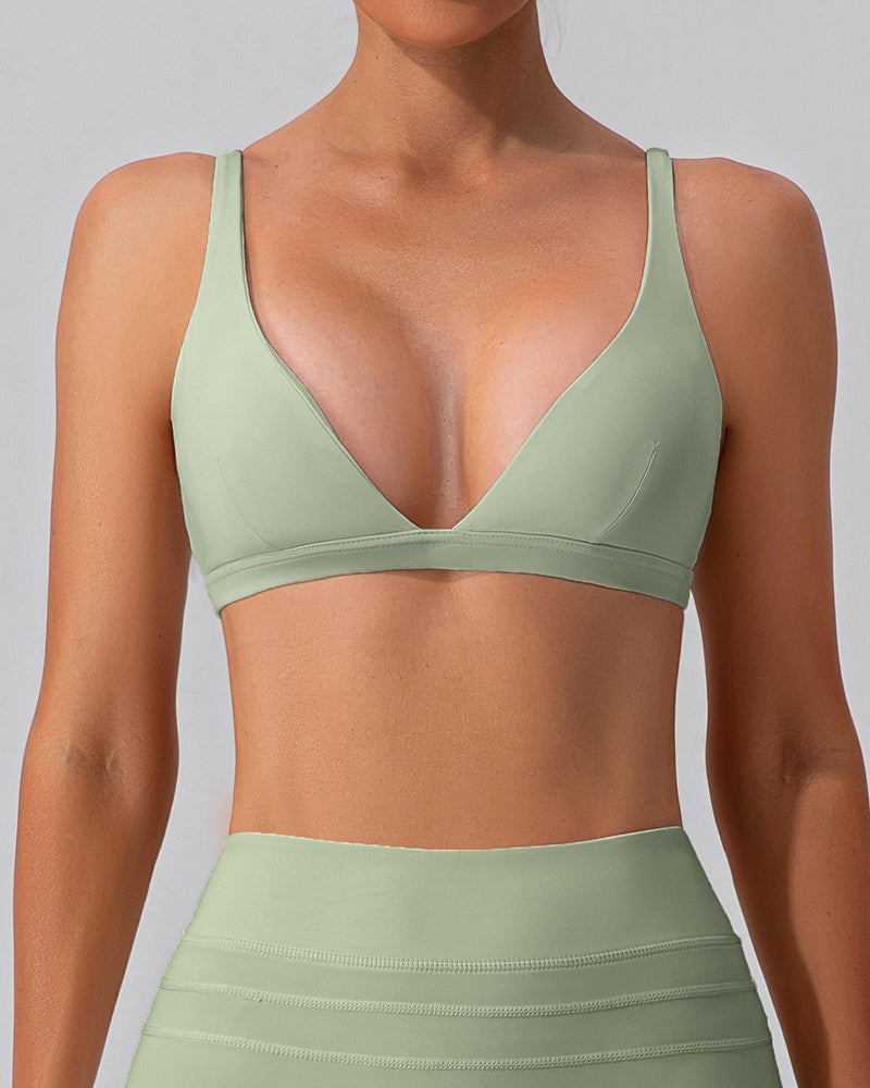 Women Solid Color V Neck High Protect Slim Sports Running Bra S-XL