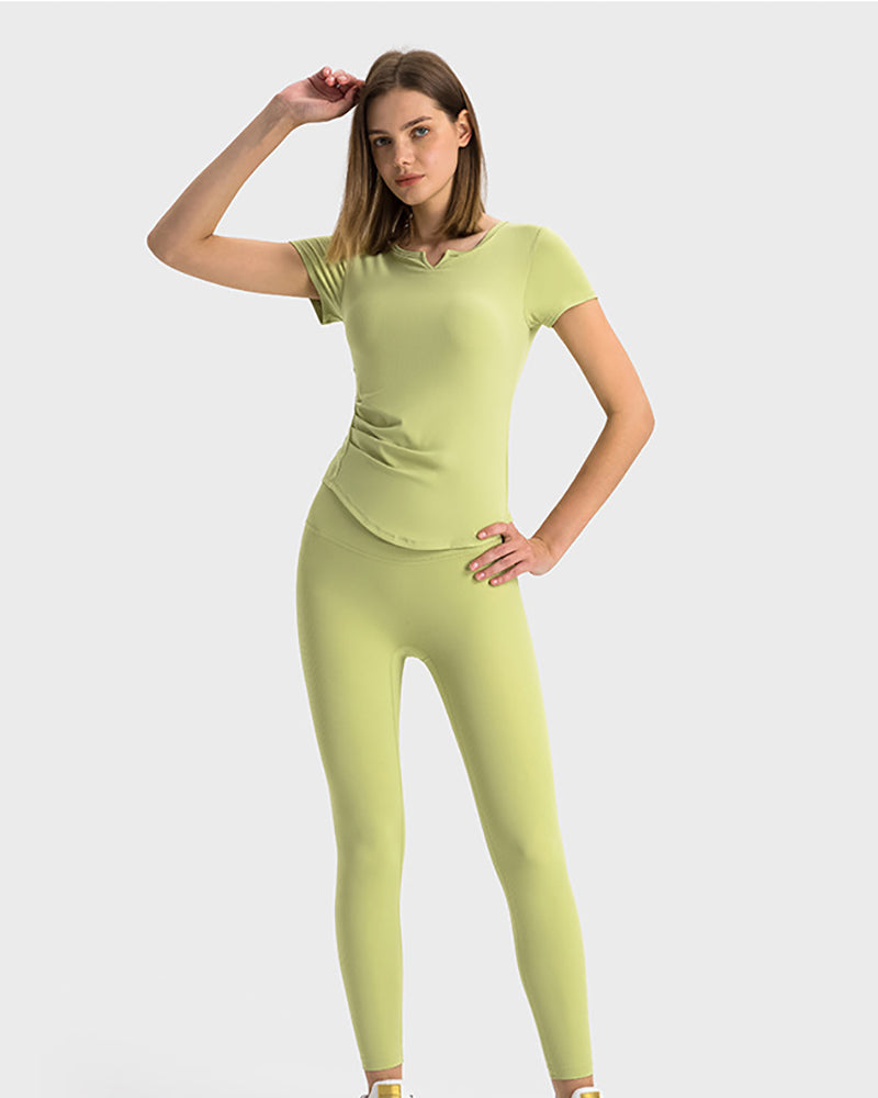 Women V-Neck Ruched Solid Color Short Sleeve Slim Yoga Tops 4-12