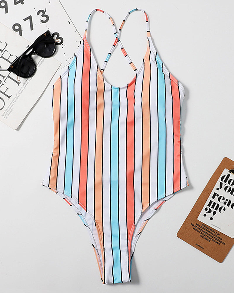 Woman Stylish Multicolor Stripe High Cut One-piece Swimsuit Green Purple Orange S-XL YY10019